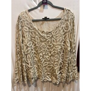 Soulmates Womens‎ Top 1X Champagne Gold Floral Lace Lined Long Sleeve Elegant